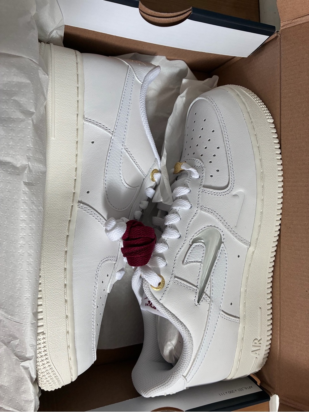 Nike Women’s Air Force 1 White Leather Low-Top Sneakers with Maroon Lace Detail